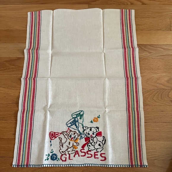 Vintage Embroidered Linen Tea Towel 1950 Cat Dog - Picture 2 of 12